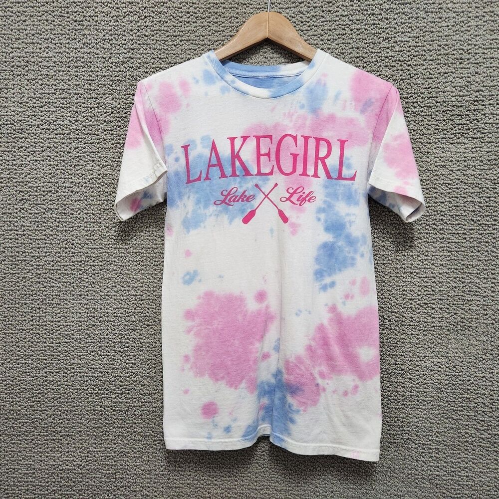 LAKEGIRL Women's Pink Blue Tie Dye Lake Life Graphic T Shirt Short Sleeve Size S